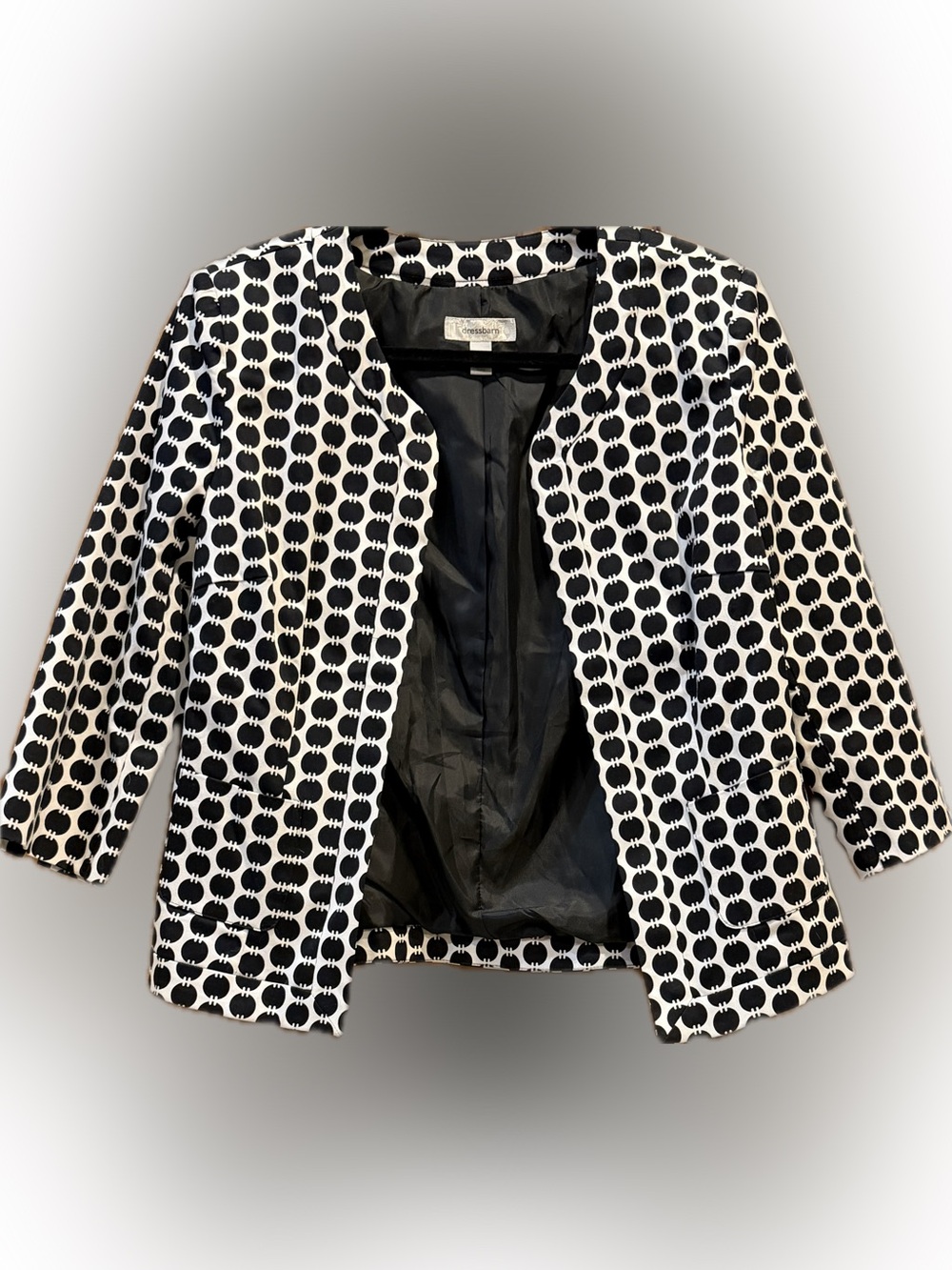 Dressbarn Black & White Geometric Open Front Blazer Jacket, size Small, EUC